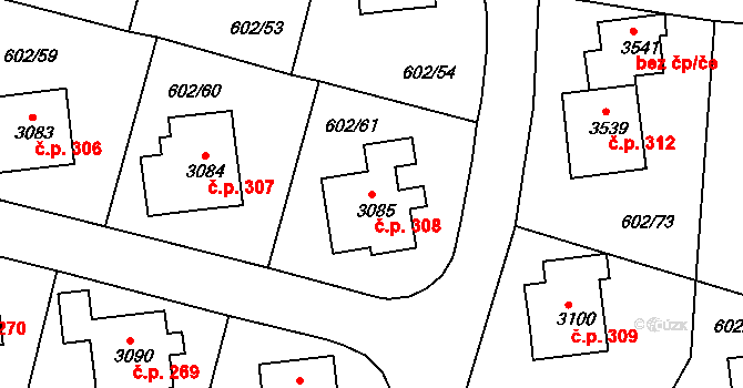 Dolní Předměstí 308, Trutnov na parcele st. 3085 v KÚ Trutnov, Katastrální mapa