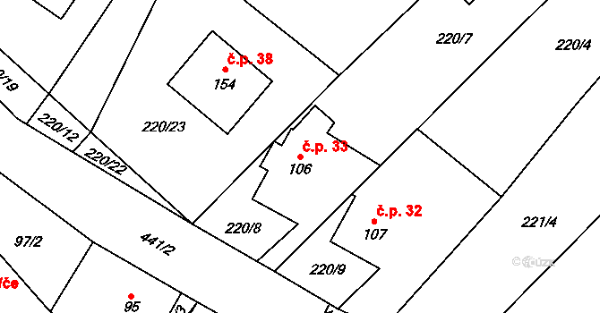 Žireč 33, Dvůr Králové nad Labem na parcele st. 106 v KÚ Žireč Městys, Katastrální mapa