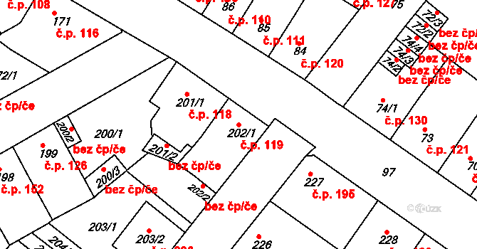 Újezdské Předměstí 119, Bílina na parcele st. 202/1 v KÚ Bílina-Újezd, Katastrální mapa