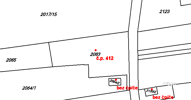 Louky 412, Karviná na parcele st. 2063 v KÚ Louky nad Olší, Katastrální mapa