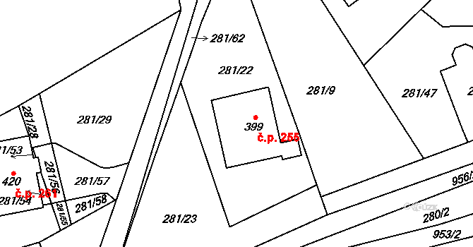 Černý Důl 255 na parcele st. 399 v KÚ Černý Důl, Katastrální mapa