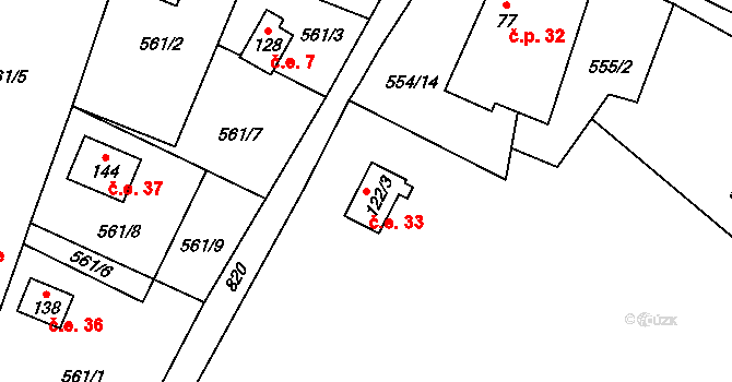 Skelná Huť 33, Krsy na parcele st. 122/3 v KÚ Trhomné, Katastrální mapa