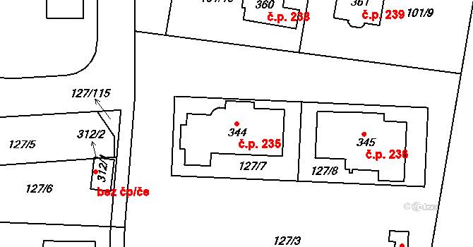 Minice 235, Kralupy nad Vltavou na parcele st. 344 v KÚ Minice u Kralup nad Vltavou, Katastrální mapa