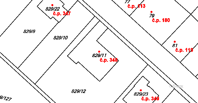 Tetčice 348 na parcele st. 829/11 v KÚ Tetčice, Katastrální mapa