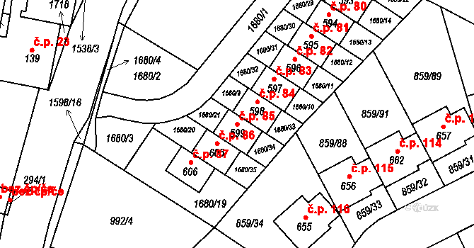 Dušníky 85, Obříství na parcele st. 599 v KÚ Obříství, Katastrální mapa