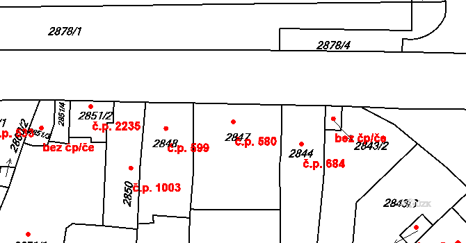 Předměstí 580, Litoměřice na parcele st. 2847 v KÚ Litoměřice, Katastrální mapa