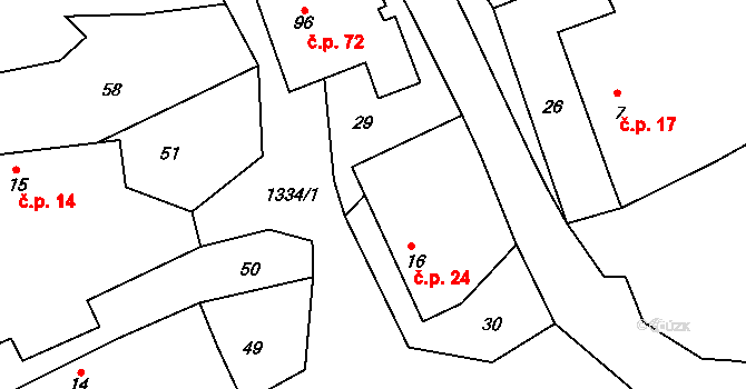 Ratměřice 24 na parcele st. 16 v KÚ Ratměřice, Katastrální mapa