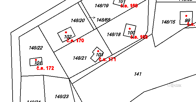 Mechová 171, Lipová na parcele st. 103 v KÚ Mechová, Katastrální mapa