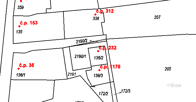 Malenovice 232, Zlín na parcele st. 136/2 v KÚ Malenovice u Zlína, Katastrální mapa