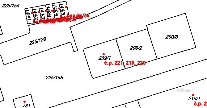 Meziboří 219,220,221 na parcele st. 209/3 v KÚ Meziboří u Litvínova, Katastrální mapa