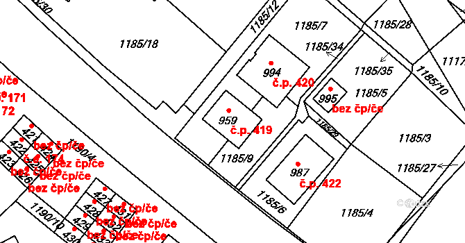 Údlice 419 na parcele st. 959 v KÚ Údlice, Katastrální mapa