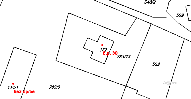 Útěchovičky 30, Pelhřimov na parcele st. 132 v KÚ Chvojnov, Katastrální mapa