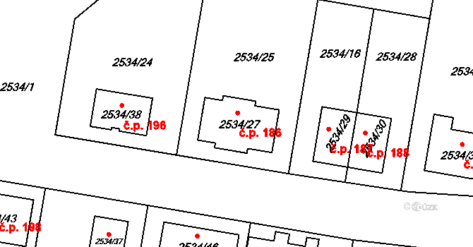Milovice 186 na parcele st. 2534/27 v KÚ Milovice u Mikulova, Katastrální mapa