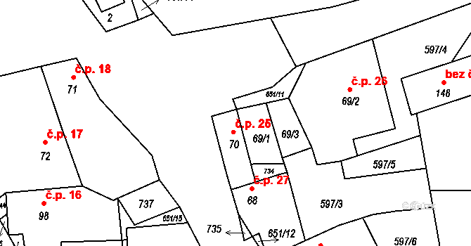 Kutrovice 25 na parcele st. 70 v KÚ Kutrovice, Katastrální mapa