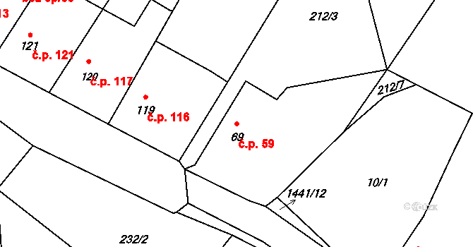 Prapořiště 59, Kdyně na parcele st. 69 v KÚ Prapořiště, Katastrální mapa