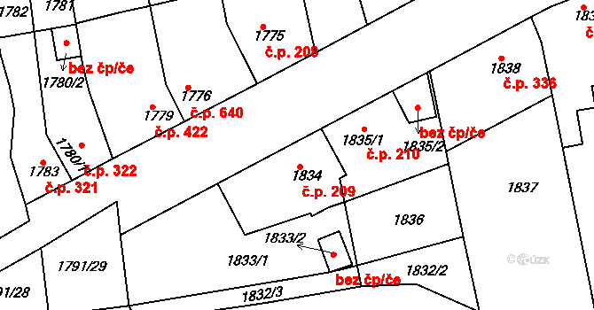 Třemošná 209 na parcele st. 1834 v KÚ Třemošná, Katastrální mapa