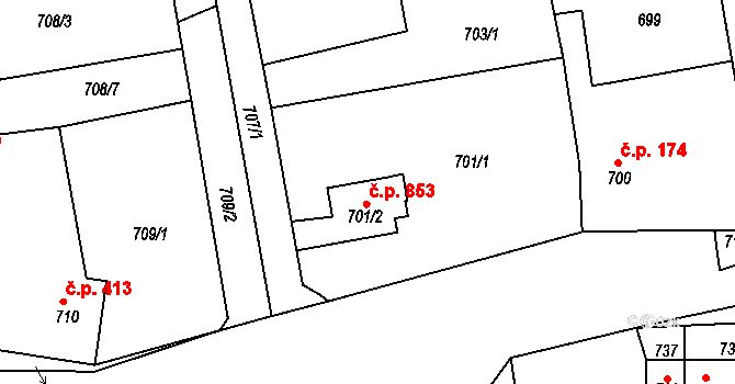 Třemošná 853 na parcele st. 701/2 v KÚ Třemošná, Katastrální mapa
