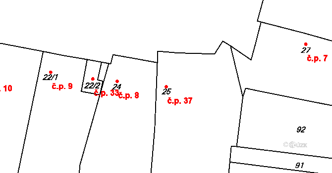 Rousínov 37, Slabce na parcele st. 25 v KÚ Rousínov u Rakovníka, Katastrální mapa