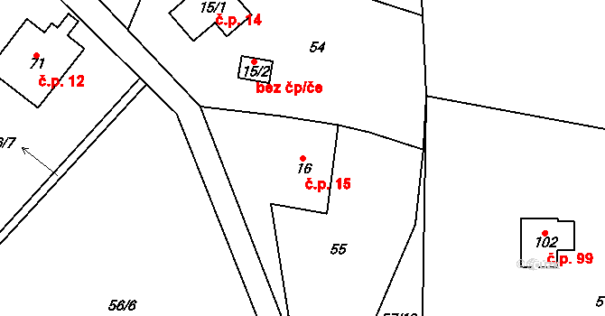 Podmoklany 15 na parcele st. 16 v KÚ Podmoklany, Katastrální mapa