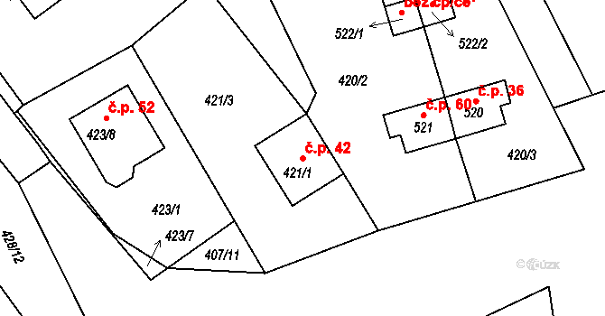 Pernek 42, Horní Planá na parcele st. 421/1 v KÚ Pernek, Katastrální mapa
