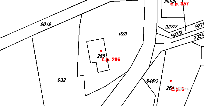 Kunratice u Cvikova 206 na parcele st. 265 v KÚ Kunratice u Cvikova, Katastrální mapa