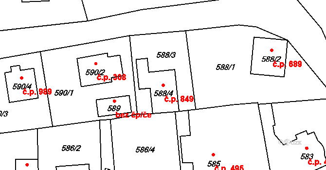 Doksy 849 na parcele st. 588/4 v KÚ Doksy u Máchova jezera, Katastrální mapa