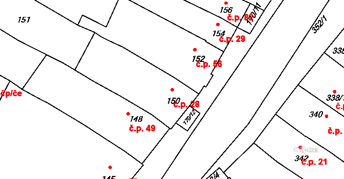 Omice 28 na parcele st. 150 v KÚ Omice, Katastrální mapa