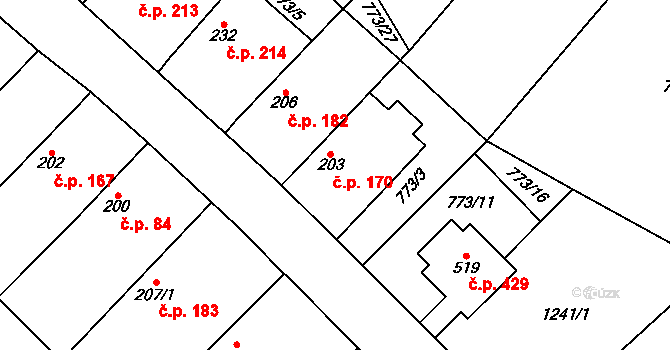 Cerhenice 170 na parcele st. 203 v KÚ Cerhenice, Katastrální mapa