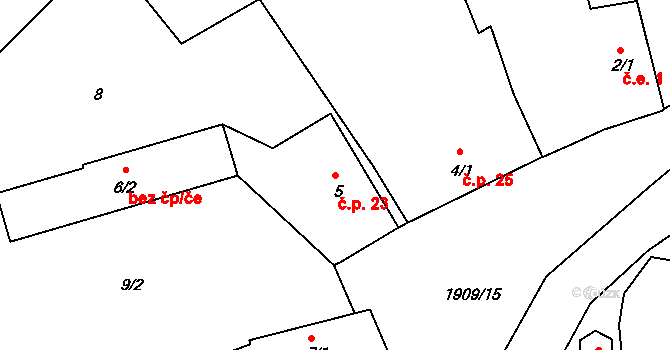 Milevo 23, Kladruby na parcele st. 5 v KÚ Milevo, Katastrální mapa