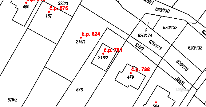 Chvalčov 751 na parcele st. 216/2 v KÚ Chvalčova Lhota, Katastrální mapa