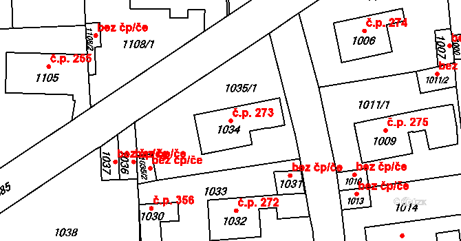 Mariánské Údolí 273, Hlubočky na parcele st. 1034 v KÚ Hlubočky, Katastrální mapa
