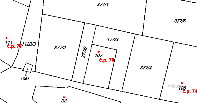 Klučenice 75 na parcele st. 107 v KÚ Klučenice, Katastrální mapa