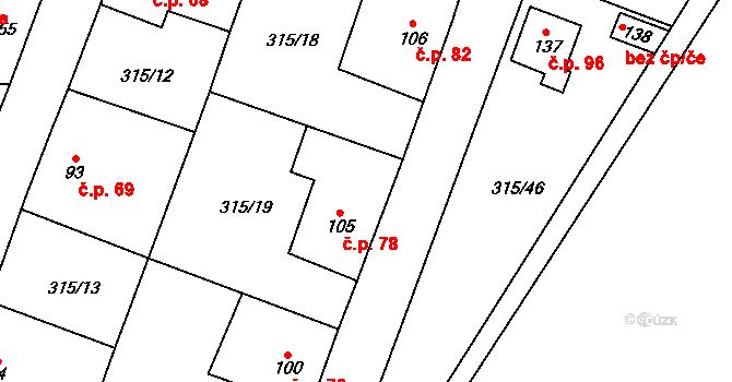 Hvozdec 78 na parcele st. 105 v KÚ Hvozdec, Katastrální mapa