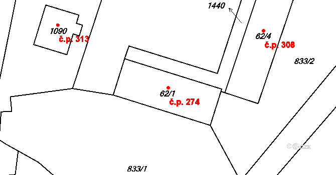 Háje 274, Cheb na parcele st. 62/1 v KÚ Háje u Chebu, Katastrální mapa