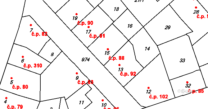 Satalice 88, Praha na parcele st. 15 v KÚ Satalice, Katastrální mapa