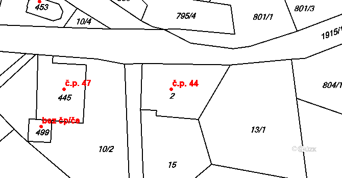 Rumburk 3-Dolní Křečany 44, Rumburk na parcele st. 2 v KÚ Dolní Křečany, Katastrální mapa