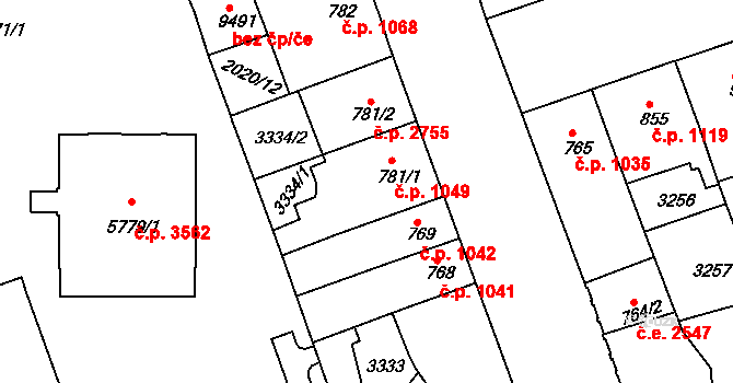 Hodonín 1049 na parcele st. 781/1 v KÚ Hodonín, Katastrální mapa
