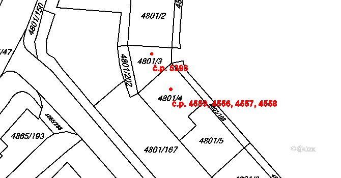 Chomutov 4556,4557,4558,4559 na parcele st. 4801/6 v KÚ Chomutov I, Katastrální mapa
