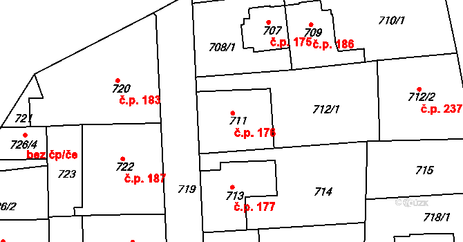 Úštěk-Českolipské Předměstí 176, Úštěk na parcele st. 711 v KÚ Úštěk, Katastrální mapa