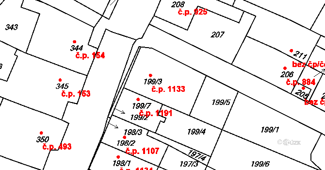 Mutěnice 1133 na parcele st. 199/3 v KÚ Mutěnice, Katastrální mapa