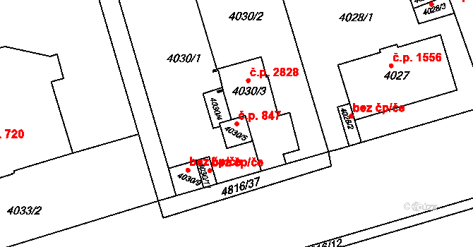 Smíchov 847, Praha na parcele st. 4030/5 v KÚ Smíchov, Katastrální mapa