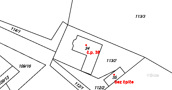 Horní Miletín 38, Lišov na parcele st. 34 v KÚ Horní Miletín, Katastrální mapa