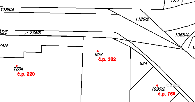 Valdické Předměstí 362, Jičín na parcele st. 928 v KÚ Jičín, Katastrální mapa