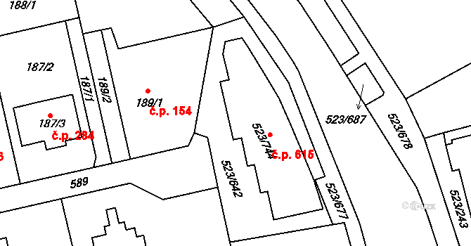 Horní Měcholupy 615, Praha na parcele st. 523/744 v KÚ Horní Měcholupy, Katastrální mapa