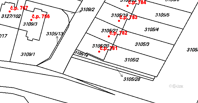 Bystřice nad Pernštejnem 781 na parcele st. 3105/20 v KÚ Bystřice nad Pernštejnem, Katastrální mapa