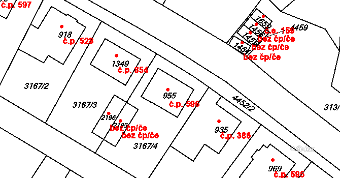 Valašské Klobouky 596 na parcele st. 955 v KÚ Valašské Klobouky, Katastrální mapa