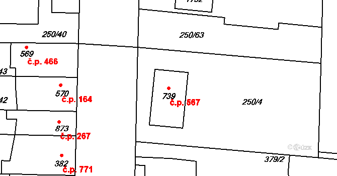 Malenovice 567, Zlín na parcele st. 739 v KÚ Malenovice u Zlína, Katastrální mapa