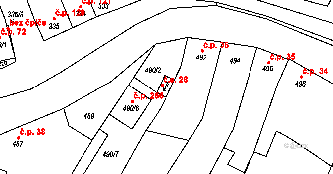 Kovalovice 28 na parcele st. 490/5 v KÚ Kovalovice, Katastrální mapa