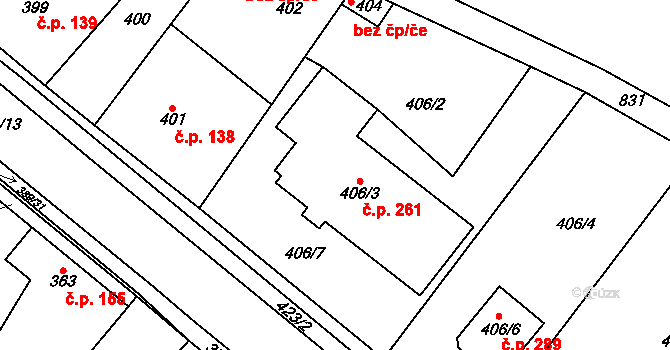 Kozolupy 261 na parcele st. 406/3 v KÚ Kozolupy u Plzně, Katastrální mapa