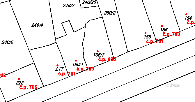 Rudná 860 na parcele st. 196/3 v KÚ Hořelice, Katastrální mapa